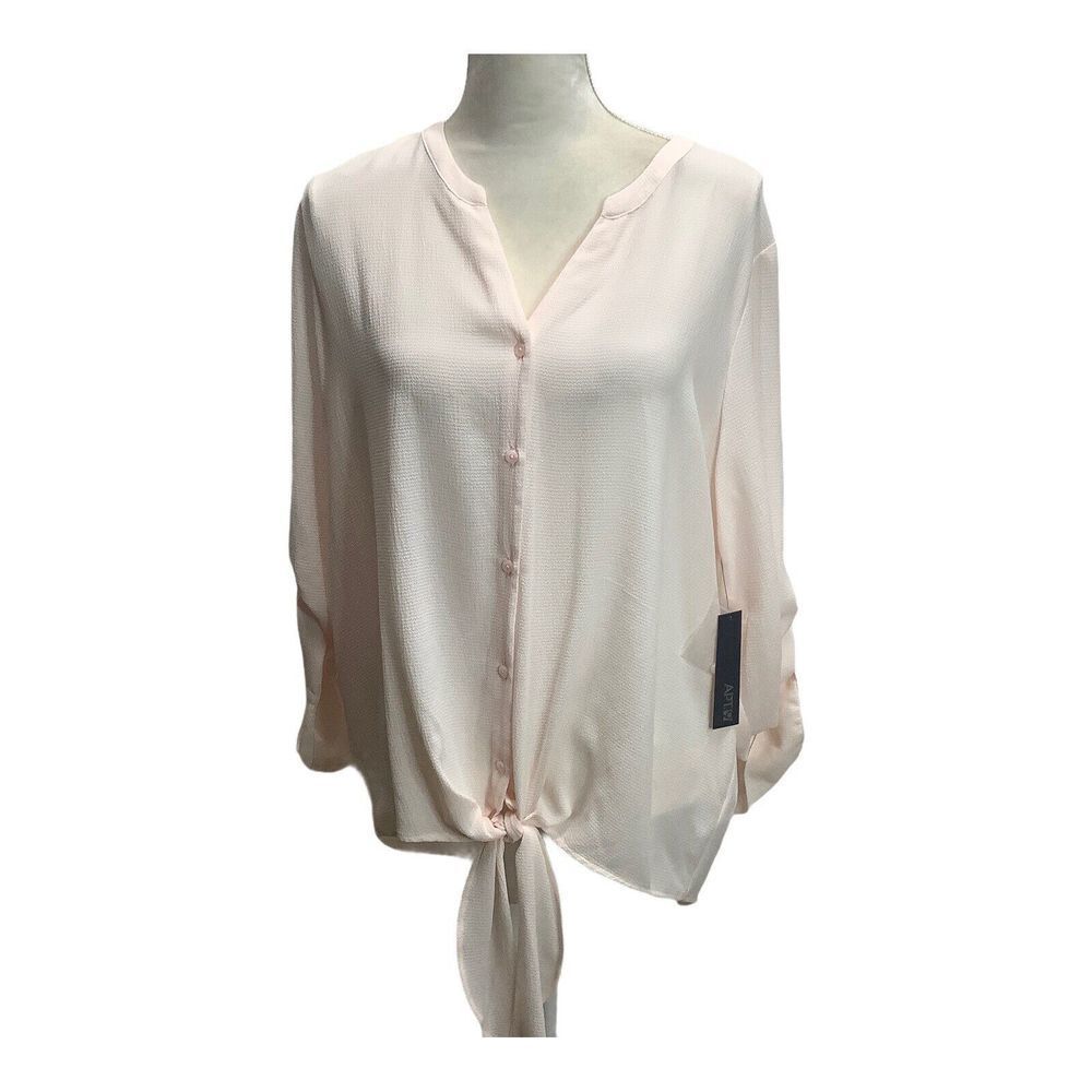 Womans Apt 9 Size XL NWT Pink Hi Low Tie Front V-Neck Roll Tab Sleeve Blouse